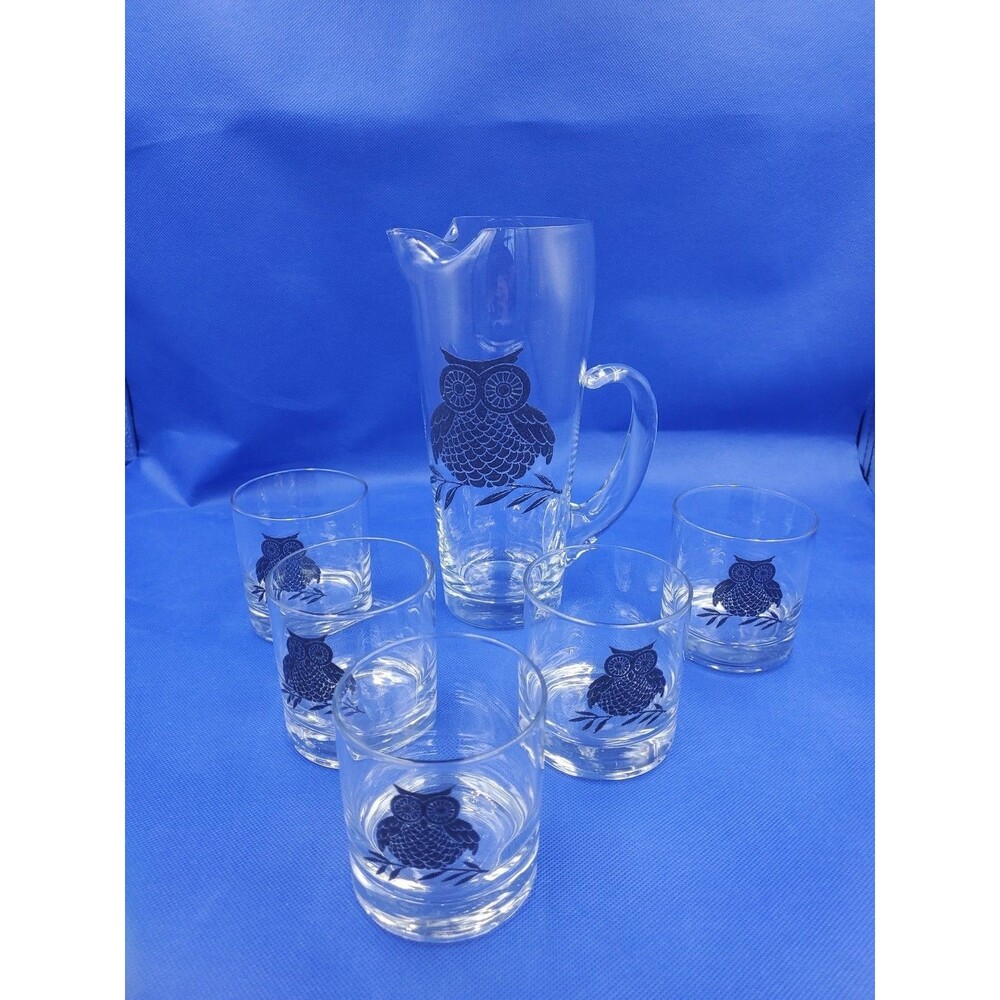 Vtg West Virginia Owl Clear Glass Cups 70s Tumblers Black Set Of 5 & Pitcher